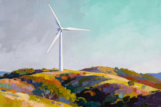 A painted landscape featuring a white wind turbine atop colorful rolling hills under a soft pale blue sky.