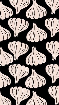 Discover a minimalist garlic pattern featuring cream-colored hand-drawn bulbs on a bold black background