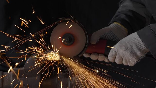 Close-up of a worker cutting a steel profile bar with an angle grinder tool. Intense stream of bright orange sparks flying from the abrasive disc during industrial metalworking process.