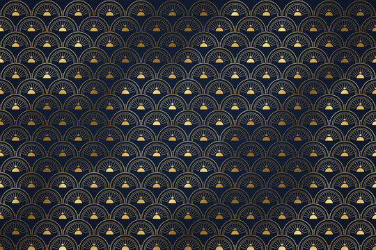 Art deco gold fan pattern on dark navy luxury background