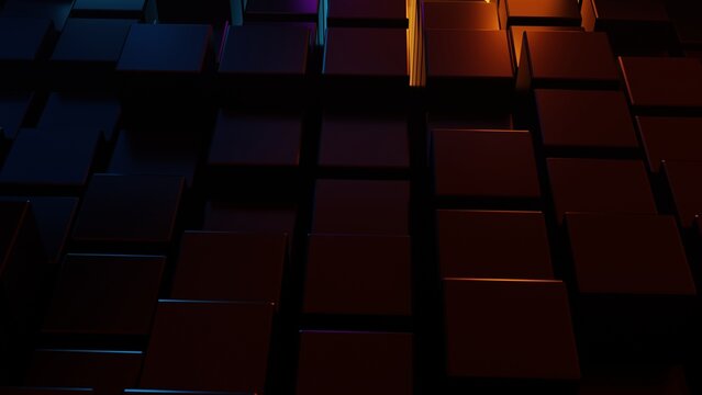 Abstract dark 3D cubes grid pattern with dramatic lighting effects creating futuristic digital background texture for technology concepts