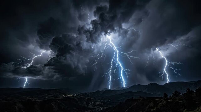 Brilliant lightning forks across a turbulent night sky above a rugged mountain valley