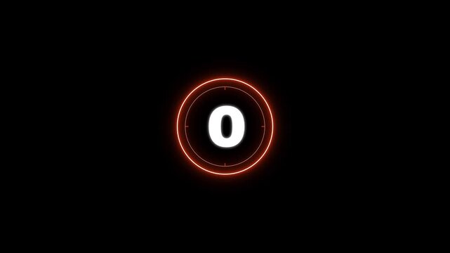Animated of intense orange neon circular timer five seconds. Glowing neon outline and segmented progress ring interface element for games. 5 seconds counter.