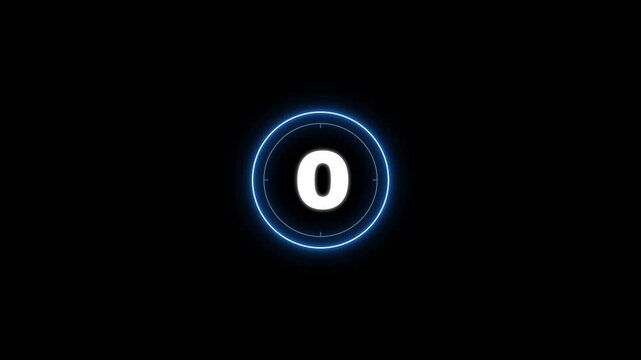 Animated of intense blue neon circular timer five seconds. Glowing neon outline and segmented progress ring interface element for games. 5 seconds counter.