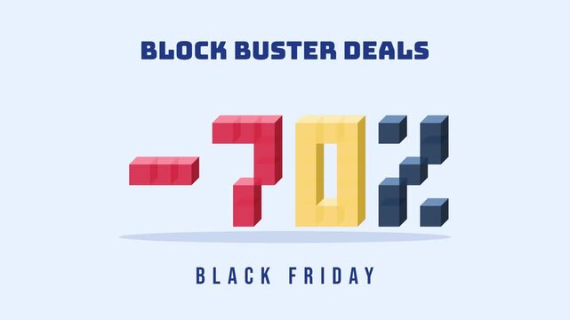 3D isometric blocks dropping into place to build -70%, block buster deals, Black Friday. Seamless looping 2D animation.