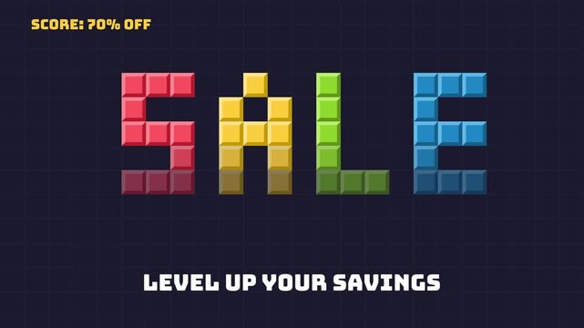 Falling game blocks stacking into the word sale, level up your savings, Black Friday. Seamless looping 2D animation.