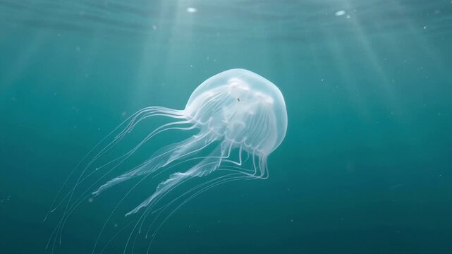 青緑色の海中で傘をゆっくり収縮させながら泳ぐクラゲ、海洋生物、海中の自然、環境映像、水中映像の背景