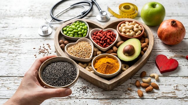 Healthy nutrition with chia seeds superfoods stethoscope and nuts on