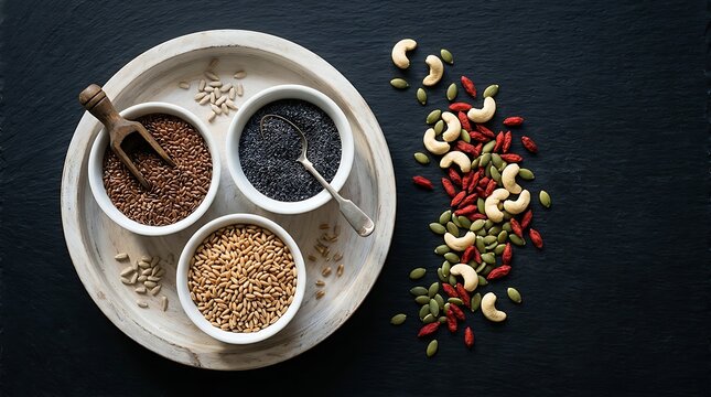 Healthy nutrition flax seeds poppy seeds wheat grains and goji