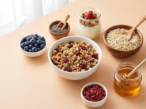 Healthy breakfast with granola yogurt fresh berries and oats served