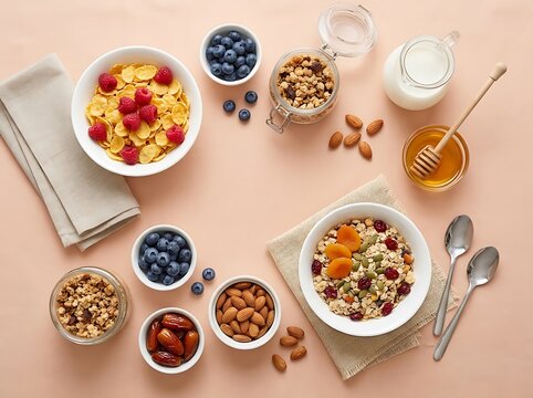 Healthy breakfast spread with cereal fresh berries nuts and honey on