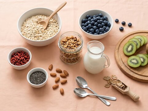 Healthy breakfast preparation with oatmeal blueberries granola and