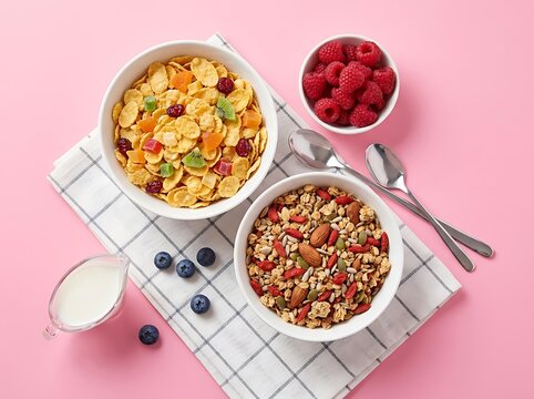 Healthy breakfast bowls with crunchy cereal granola fresh raspberries