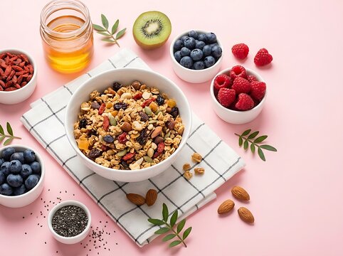 Healthy breakfast arrangement with granola fresh berries honey and