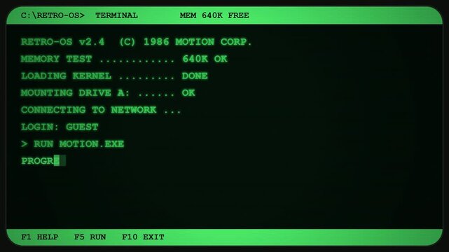 Retro 80s computer terminal screen with green monochrome CRT text displaying memory test and loading sequence for vintage technology motion graphics
