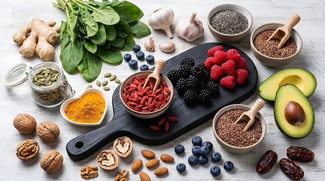 Healthy eating showcases superfoods like goji berries avocado nuts