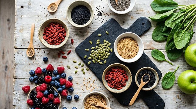 Healthy superfoods arrangement featuring fresh berries seeds greens