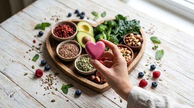 Healthy nutrition hand holding pink heart avocado broccoli seeds