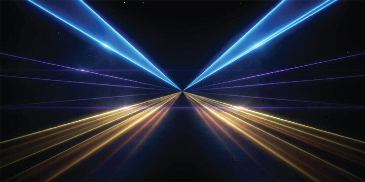 Perspective view of blue and yellow laser light lines converging in dark empty space