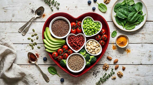 Healthy heart diet with avocado nuts seeds and fresh vegetables