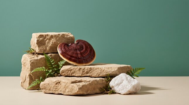 Minimalist cosmetic product podium with natural sandstone blocks and glossy reishi mushroom
