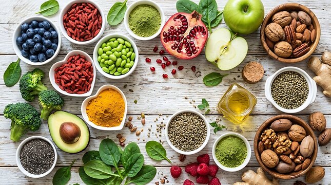 Healthy food flat lay with fresh berries nuts green vegetables and