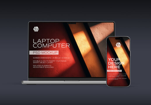 Front View of Isolated Smartphone and Laptop on Black Background Mockup