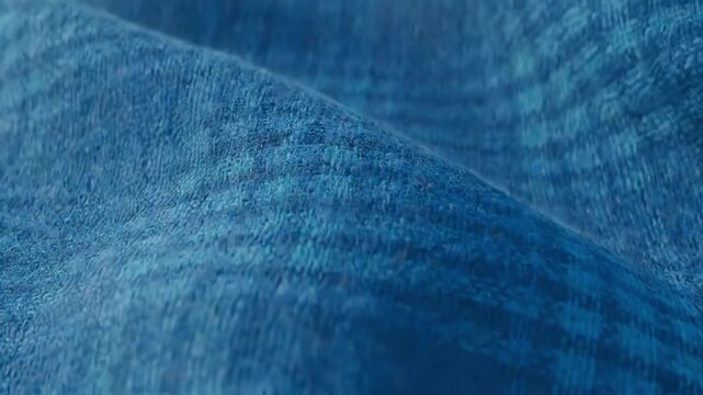 Close up of blue wavy fabric with subtle check pattern and burlap texture moving slowly in gentle breeze for abstract textile background