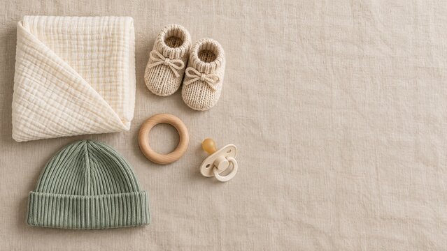 Gender-neutral newborn essentials arranged in flat lay with muslin swaddle and knit booties on oatmeal linen background