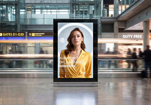 Vertical Billboard in Bright Clean Airport Hallway Mockup