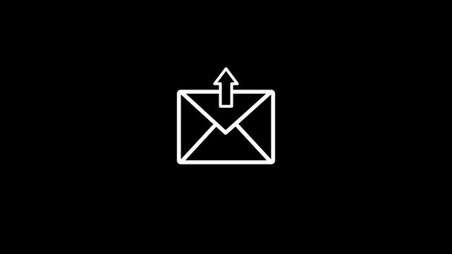 Minimalist outbox icon animation, white line art upload symbol on black background
