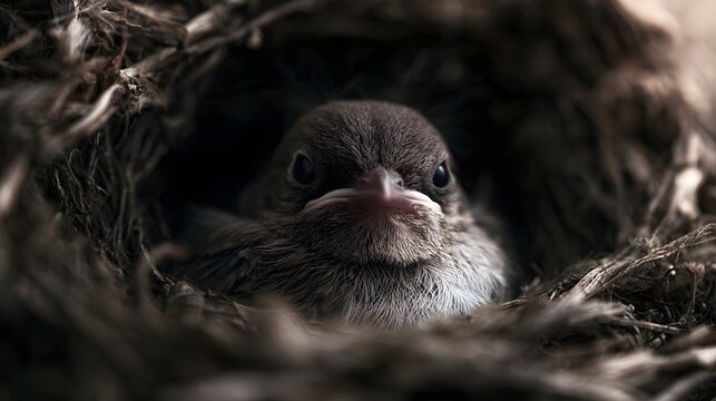 A young bird chick nestled in a woven nest  looking directly forward with soft downy feathers and dark eyes