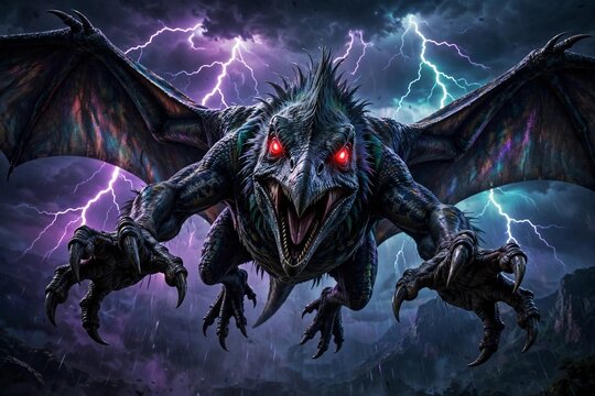 Dark Pterosaur With Red Eyes in Lightning Storm