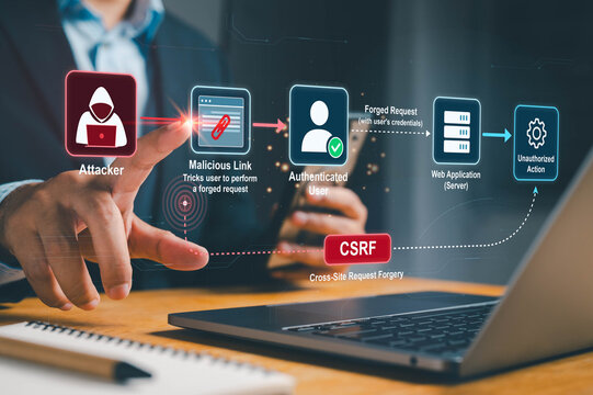 CSRF cross-site request forgery cybersecurity concept with a business professional using a laptop, illustrating a malicious link, authenticated user, forged server request, and unauthorized action.
