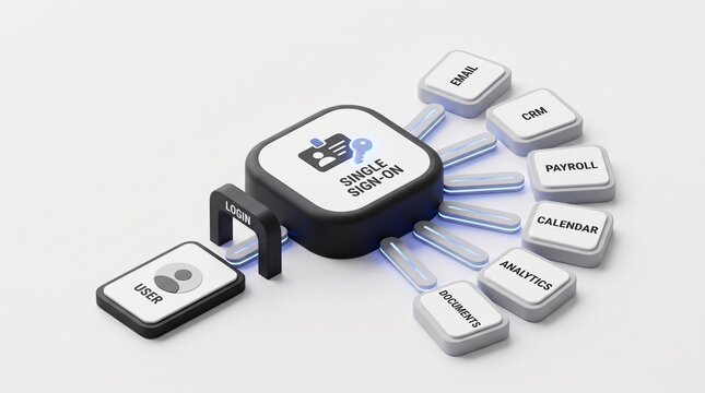 Single Sign-On (SSO) identity management hub concept with a winding path connecting various digital service icons leading to a central point on a white background 3D render