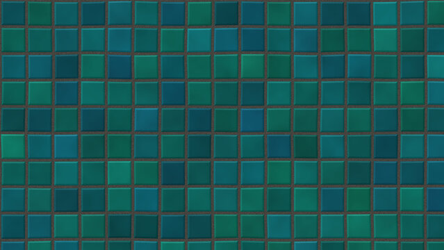 Handmade glazed ceramic tiles, teal green zellige, mosaic wall background