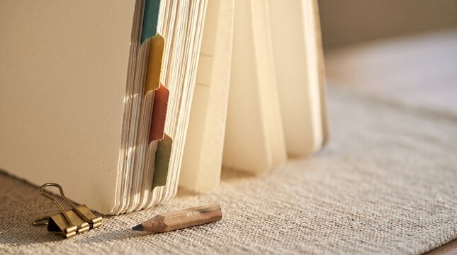 Colored planner tabs in warm winter sunlight