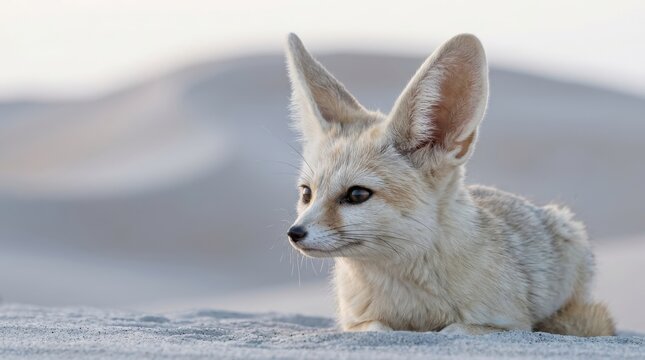 Fennec fox with oversized ears resting on pale sand in a softly blurred desert setting