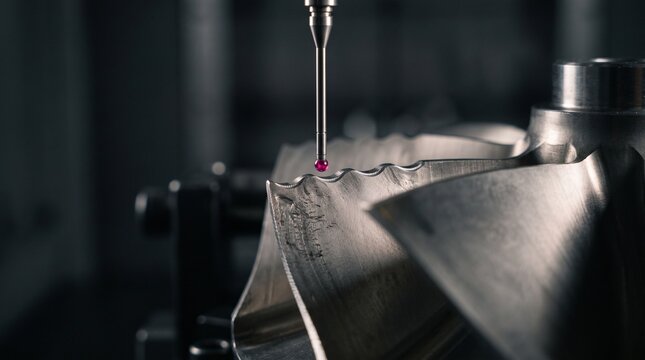 Probe scans a precision impeller blade in metrology