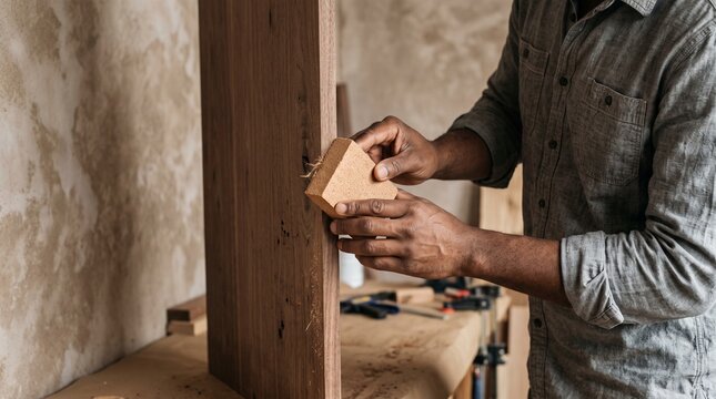 Carpenter refines walnut cabinet edge for wall fit