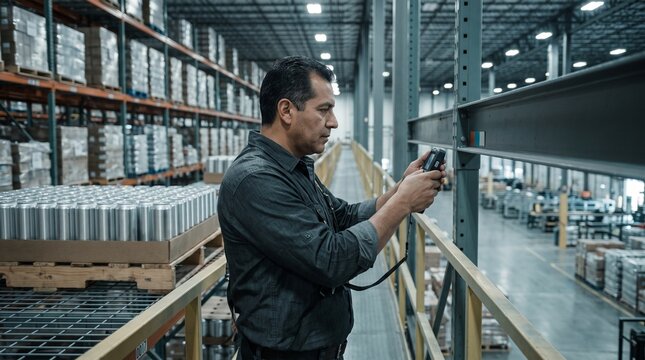 Warehouse auditor checks rack position from elevated platform