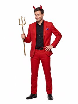A smiling handsome young man dressed in a sharp red devil costume with horns headband while holding a golden pitchfork trident isolated on a plain white studio background.