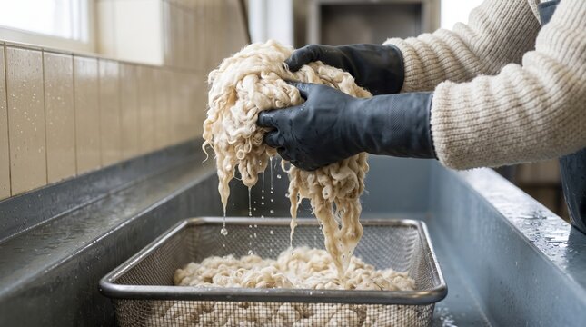 Freshly rinsed wool fibers draining in a washhouse