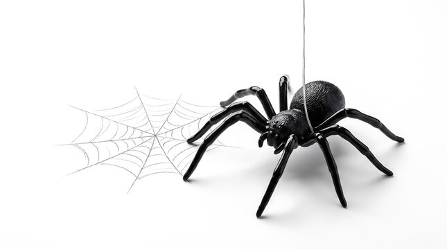 Black spider hanging from silver thread near delicate cobweb on white background for Halloween