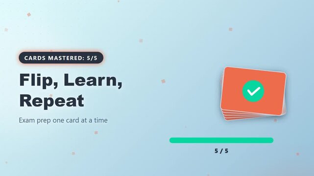 Flashcard exam prep animation with cards flipping to green checks and a filling progress bar, seamless loop