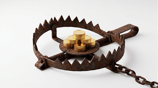 Rusty metal bear trap opened with stacks of shiny gold coins placed in the center trigger plate isolated on white background, money trap financial risk