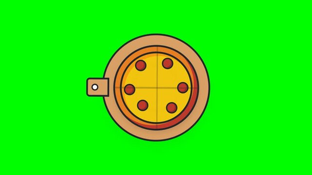 Pepperoni pizza icons on wooden boards over green screen