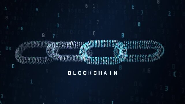 Digital Blockchain Concept Featuring Encrypted Hash Chain Links and Hexadecimal Code.