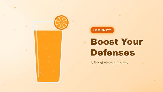 Animated glass of water with a fizzing vitamin C tablet turning orange, seamless loop