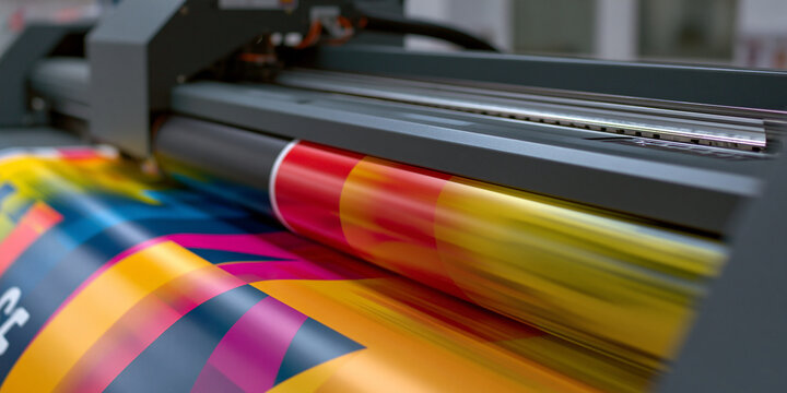 Close-up of a large format printer outputting a vibrant, colorful graphic on a roll of material. The machine's rollers are visible, moving the printed sheet.